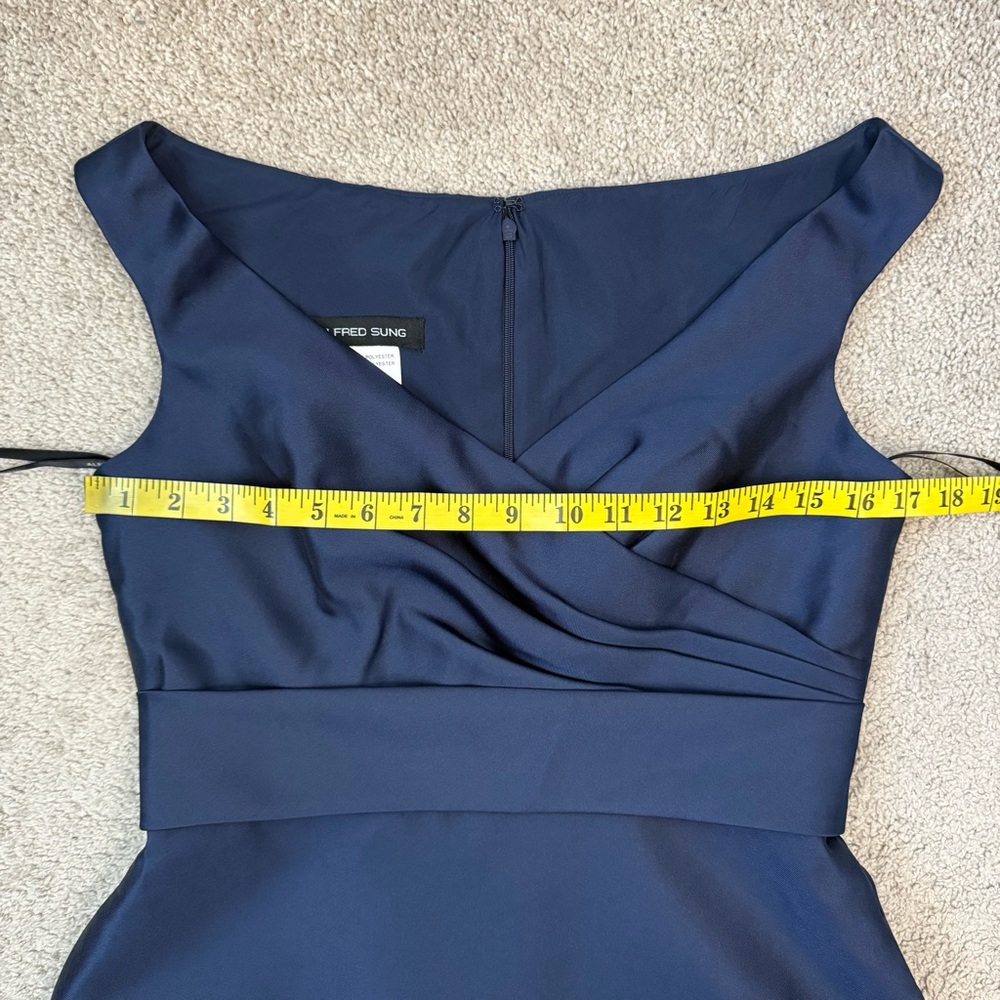 ALFRED SUNG Navy Blue Satin Off-Shoulder Maxi Dress - Picture 5 of 7